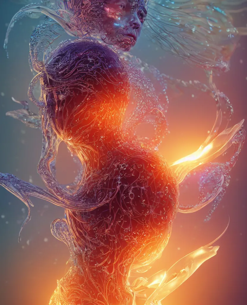 Image similar to close-up macro portrait of the face of a beautiful princess, epic angle and pose, symmetrical artwork, 3d with depth of field, blurred background, cybernetic jellyfish female face skull phoenix bird, translucent, nautilus, energy flows of water and fire. a highly detailed epic cinematic concept art CG render. made in Maya, Blender and Photoshop, octane render, excellent composition, cinematic dystopian brutalist atmosphere, dynamic dramatic cinematic lighting, aesthetic, very inspirational, arthouse. y Greg Rutkowski, Ilya Kuvshinov, WLOP, Stanley Artgerm Lau, Ruan Jia and Fenghua Zhong