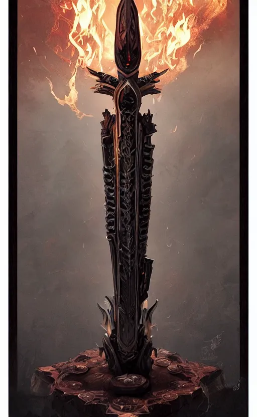 Image similar to dagger with symmetrical dagger features is legendary artifact posed on wooden stand, flames and smoke, front game card, drark, marvel comics, dark, intricate, highly detailed, smooth, artstation, digital illustration by ruan jia and mandy jurgens and artgerm and wayne barlowe and greg rutkowski and zdislav beksinski