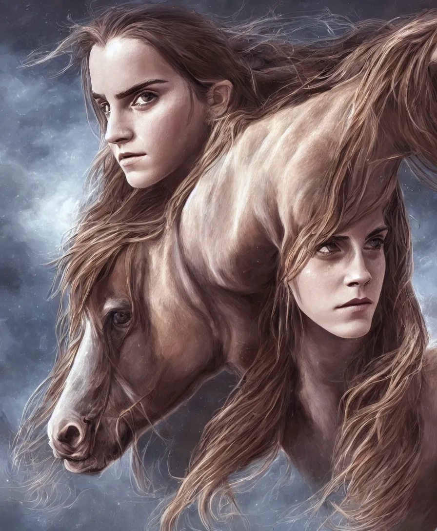 Image similar to Emma Watson transforming into a mare, Hermione as a horse, Animorphs cover, intricate, elegant, highly detailed, digital painting, artstation, concept art, smooth, sharp focus, illustration