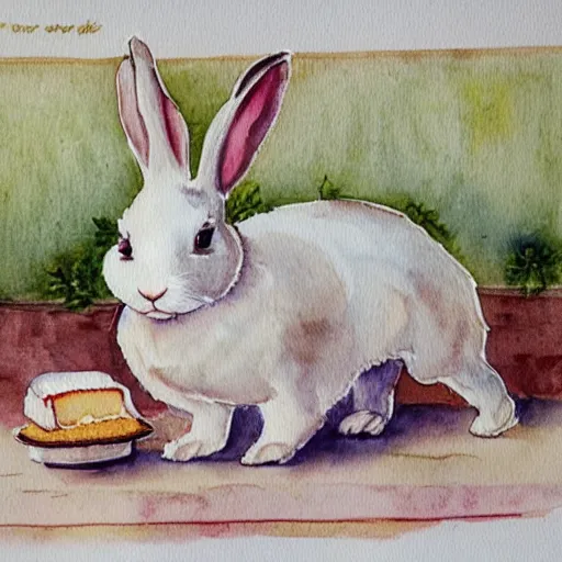 Image similar to a rabbit putting a cake into the oven in a beautiful french rustic kitchen, realistic watercolour