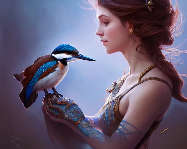 Prompt: a girl clothes inspired by a kingfisher, deep focus, d & d, fantasy, intricate, elegant, highly detailed, digital painting, artstation, concept art, matte, sharp focus, illustration, hearthstone, art by artgerm and greg rutkowski and alphonse mucha