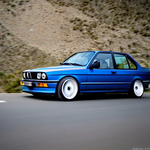 Image similar to a rear shot of a modified bmw e 3 0 with lights on a mountain road, motion blur, 3 5 mm photography, car photography, clean lines, realistic