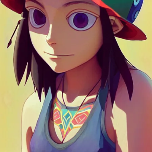 Image similar to beautiful boyish natalie portman gravure model in majora's mask, wearing wooden mask and baseball cap and leotard, street wear with subtle mayan patterns, aztec bathing suit, gapmoe yandere grimdark, trending on pixiv fanbox, painted by greg rutkowski makoto shinkai takashi takeuchi studio ghibli, akihiko yoshida