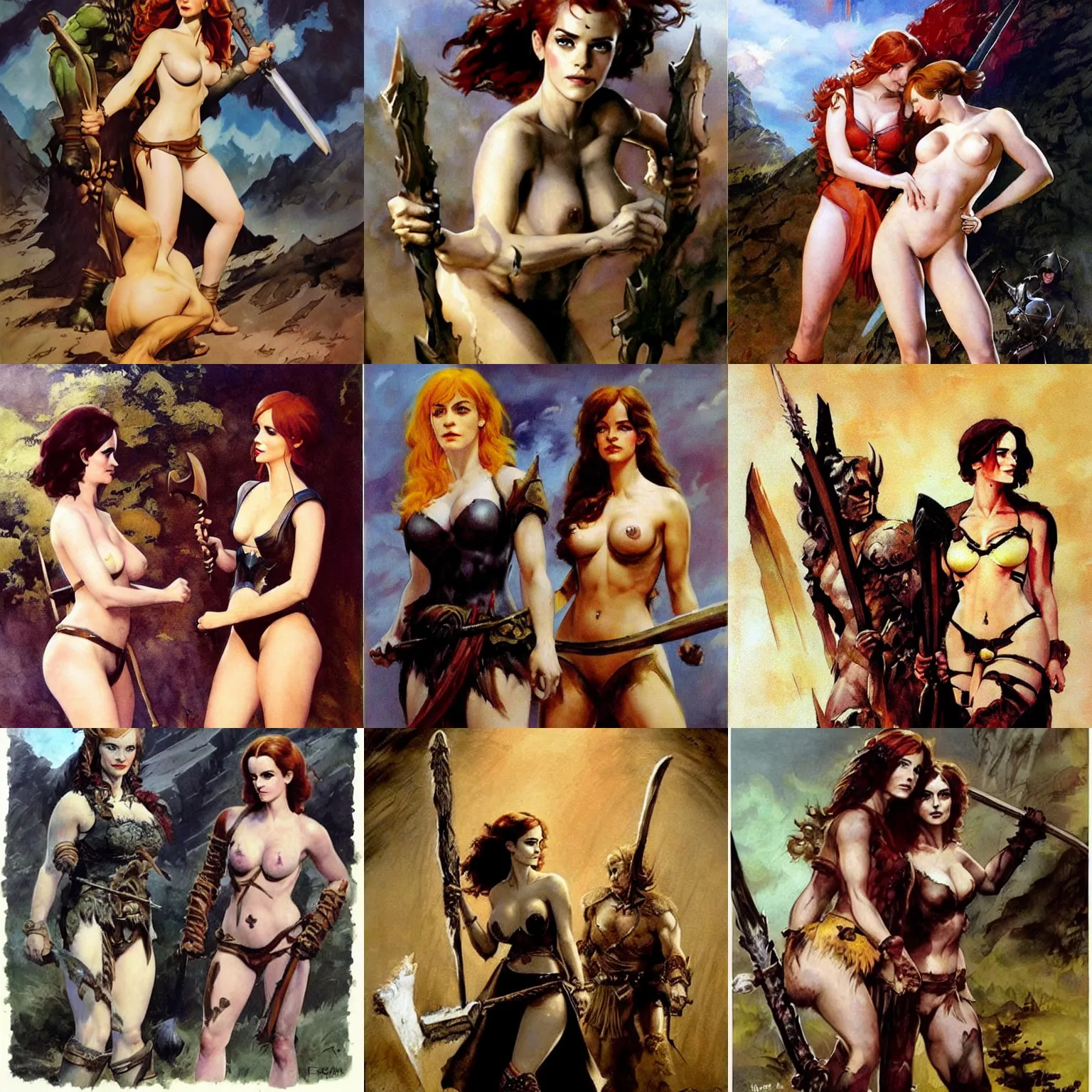 Prompt: christina hendricks with emma watson, barbarian fantasy art by frank frazetta