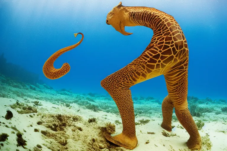 Image similar to underwater photo hibrid tentacle shaped legs jiraffe by national geographic