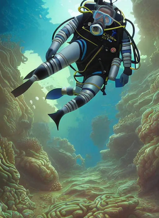 Image similar to underwater scuba diver eric pickles, natural lighting, path traced, highly detailed, high quality, digital painting, by don bluth and ross tran and studio ghibli and alphonse mucha, artgerm