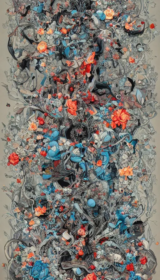 Prompt: life and death mixing together, by james jean,