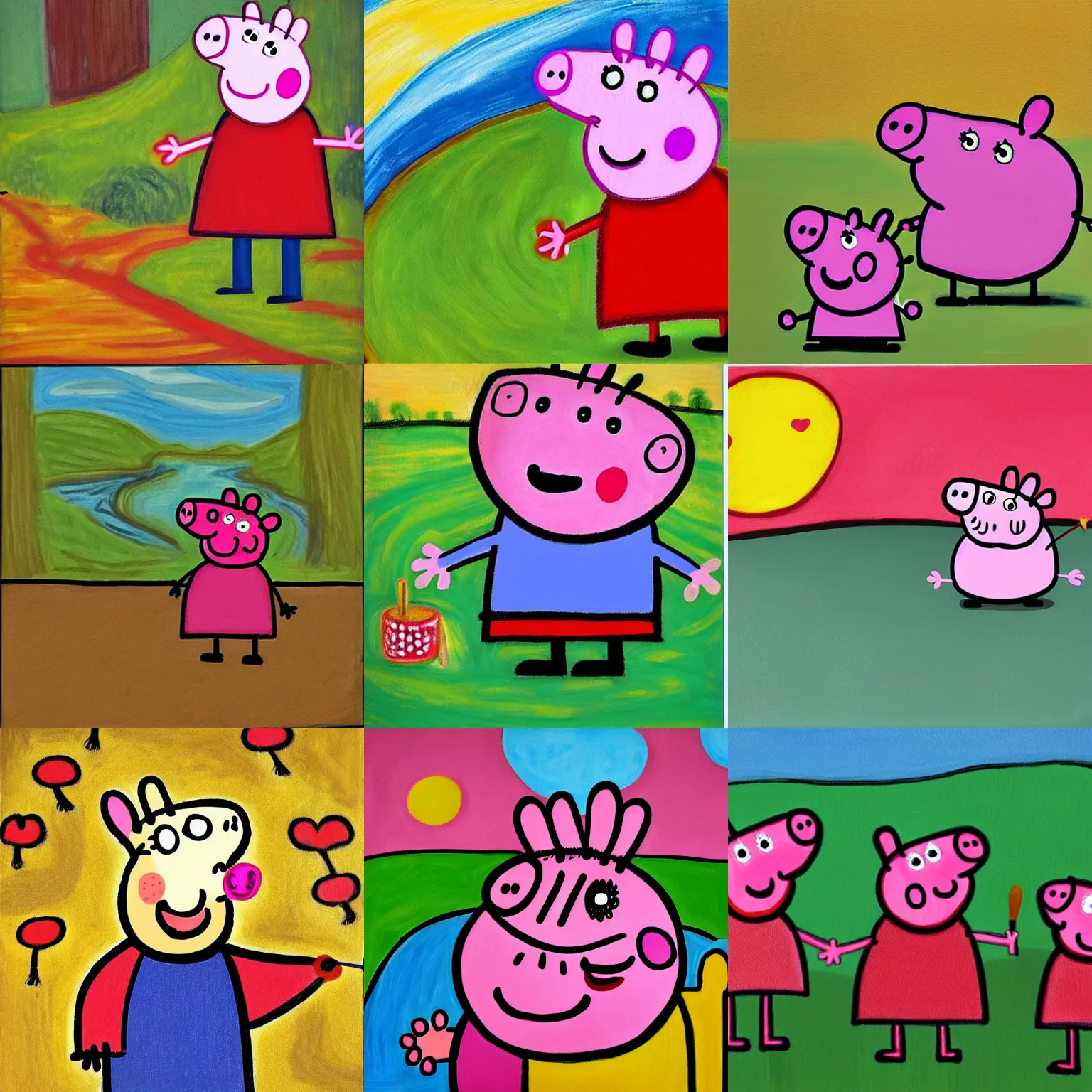 Prompt: peppa pig screaming, painting in the style of edward munch