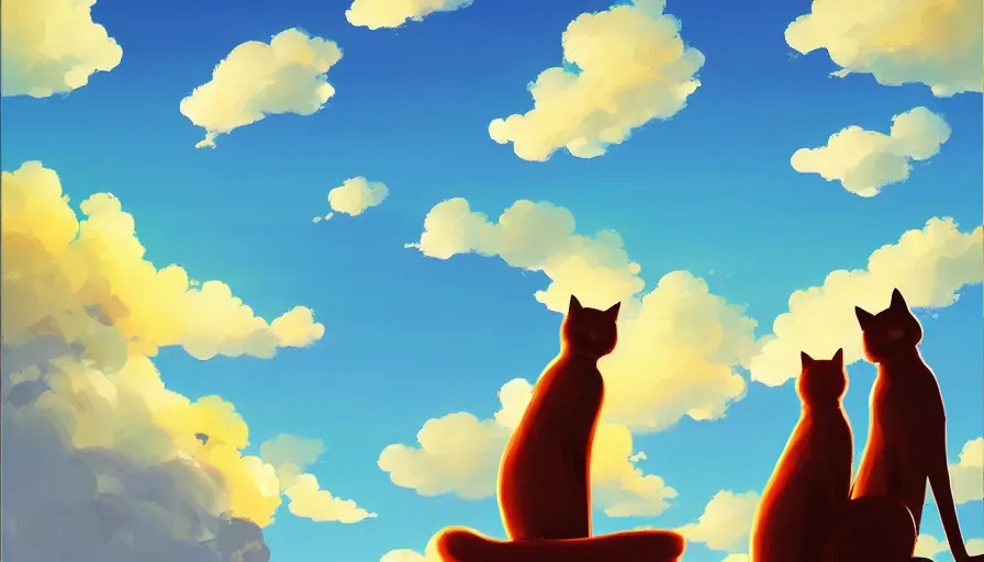 Image similar to contemporary semi abstract acrylic painting of really tall sitting cats by makoto shinkai, thick brush strokes and visible paint layers, glistening clouds in background