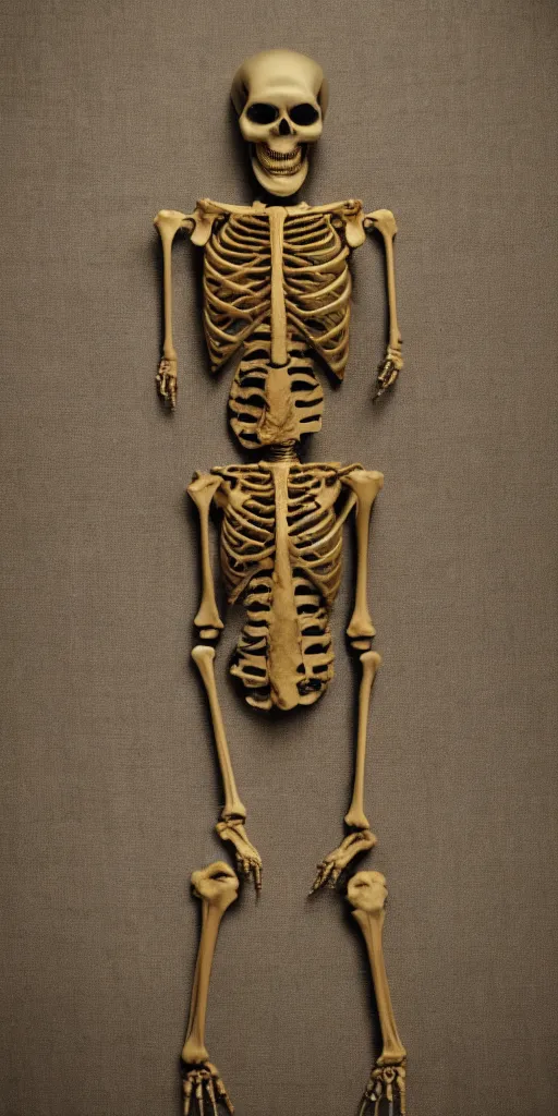 Image similar to a film still of a skeleton wearing golden jewelry on its skull and around its arms. it has a dark cloak made of linen and burlap. low key, light from above. nighttime. wide shot.