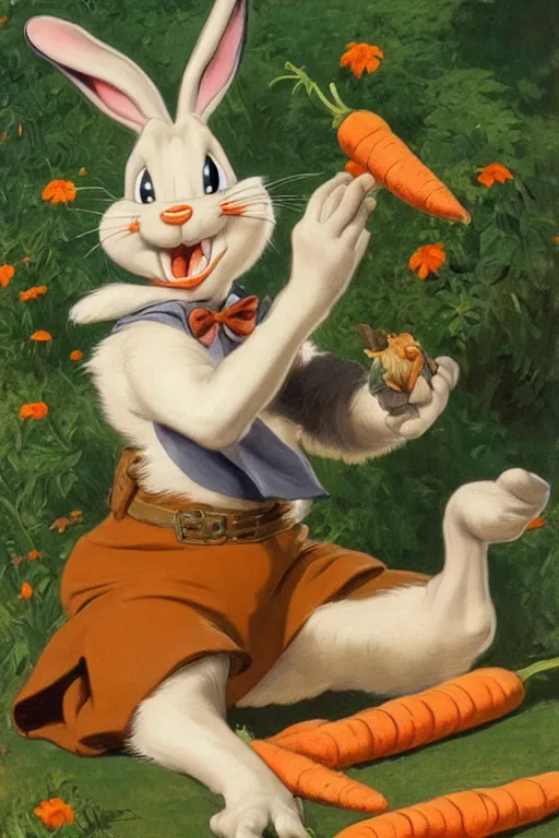 Prompt: bugs bunny, eating a carrot, golden hour, in a garden, artstation, by J. C. Leyendecker and Peter Paul Rubens,