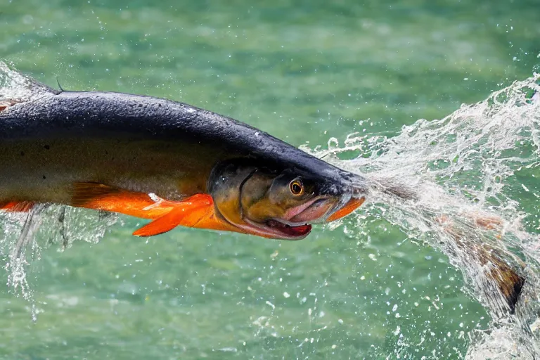 Image similar to a close - up photograph of a salmon with it's mouth open jumping out of the water. national geographic, fast shutter speed, 5 0 mm