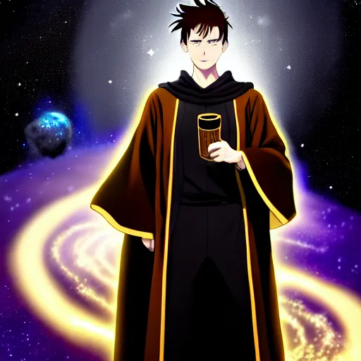 Image similar to a man with with brown hair, wearing a black robe with the tips made of gold, setting in space with a galaxy in the backround, anime, trending on artstation, high quality