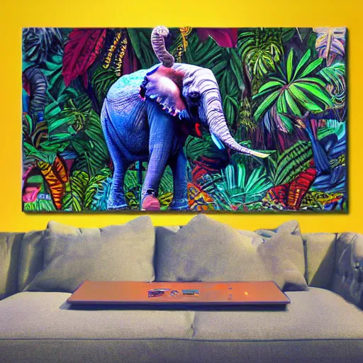 Prompt: war cyberpunk elephant with machine gun mounted in a vivid color jungle, 4 k, detailed, high resolution oil painting