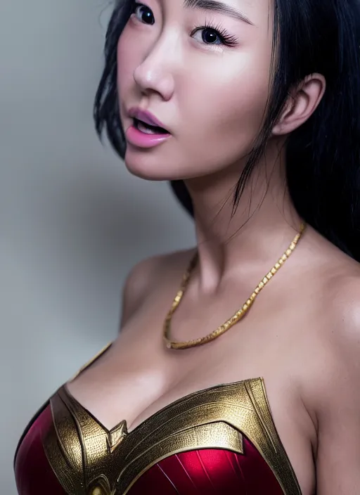 Image similar to portrait of a korean woman that looks like lindsey pelas on the set of wonder woman, by charlotte grimm, natural light, detailed face, canon eos c 3 0 0, ƒ 1. 8, 3 5 mm, 8 k, medium - format print, half body shot