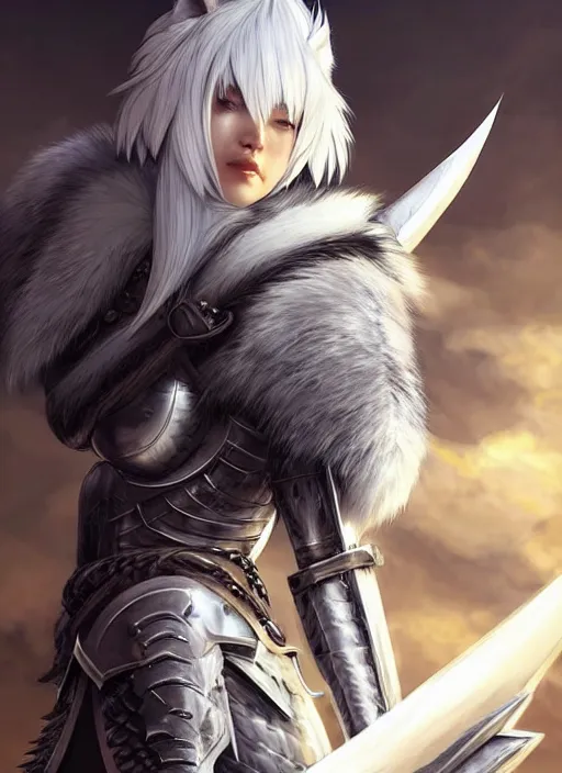 Prompt: warrior, fur - lined wolf armor!!! beautiful and elegant white hair female!! monster hunter!! character concept art, sharp focus, octane render! unreal engine 5! highly rendered!! trending on artstation!! detailed linework!! illustration by artgerm, wlop, and chie yoshii