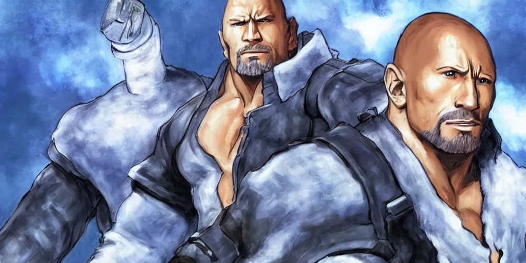 Image similar to anime portrait of dwayne johnson as barret from final fantasy 7