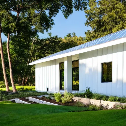 Image similar to Modern Farmhouse villa, white block fence, greenery growing, white plank siding, galvalume metal roofing, simple gable roofs, lush landscaping, sunny, napa,