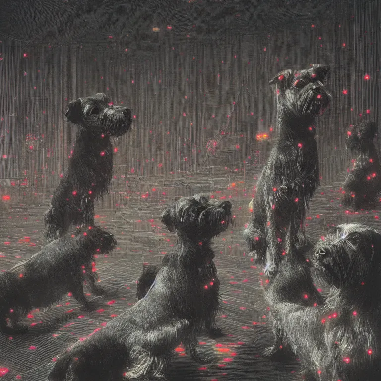 Image similar to two terrier dogs, watching a pop concert, bright colorful lights, crowded, excited atmosphere, digital art, concept art, trending on artstation, cinematic lighting, giger, beksinski, barlowe