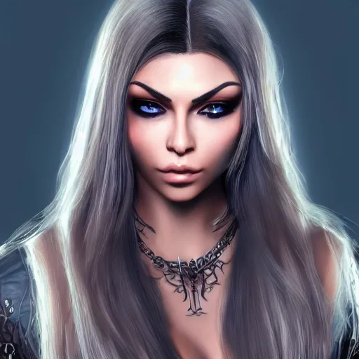 Image similar to portait of haifa wehbe loup garou style, long hair centred, hd, very detailed curve, unreal engine, final fantasy style, amazing background, rending artstation