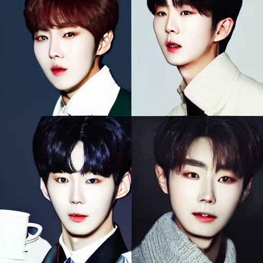 Image similar to a cup of coffee part 4 with johnny suh, mark lee, jung jaehyun, ten lee, and kim doyoung, all from the group nct, neo culture technology, portraiture, color restoration