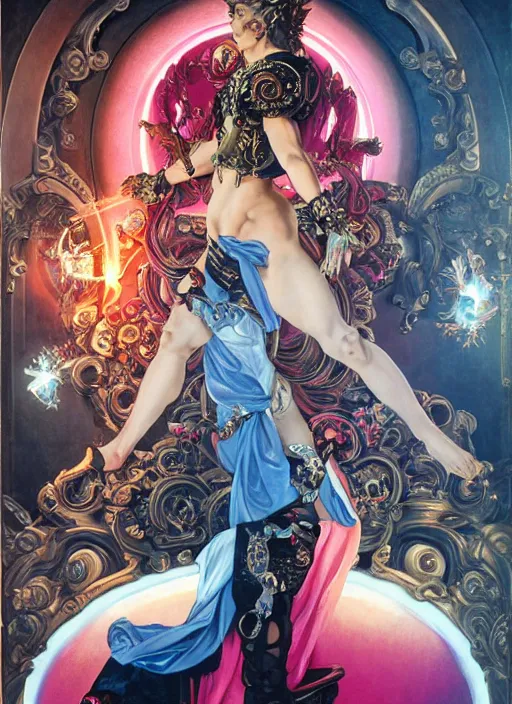 Image similar to full-body rococo and cyberpunk style sculpture of a young seductive Latino prince half android with a chest exposing circuitry, glowing pink seductive laser eyes, crown of blue sparks and diamonds, swirling orange-colored silk fabric, robotic raptors. baroque elements. full-length view. intricate artwork by caravaggio. art by Artgerm and Greg Rutkowski and Alphonse Mucha, Trending on artstation, cinematic industrial lighting, hyper realism, octane render, 8k, depth of field, 3D