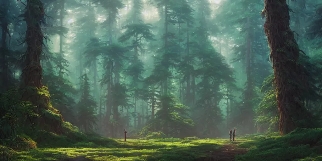 Image similar to A highly detailed matte oil painting of a forest, Studio Ghibli, Mokoto Shinkai, hyperrealistic, cinematic, breathtaking, beautiful composition, Artgerm, Dan Mumford, rossdraws, James Jean, beeple, volumetric lighting, octane render, 4K resolution, trending on artstation