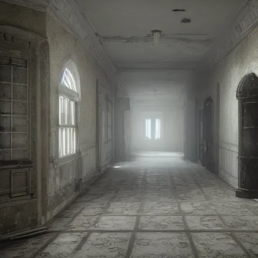 Image similar to walking through the inside of a haunted asylum, detailed, cinematic, unreal engine