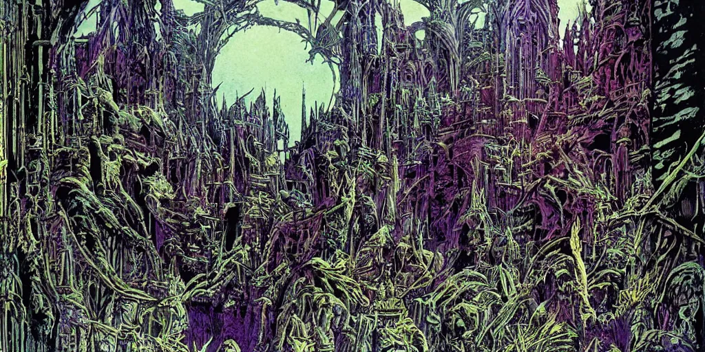 Image similar to scifi gothic castle bustling with orcs and elven mystics, by philippe druillet, psychedelic colors