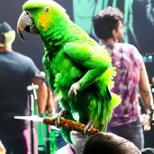 Prompt: The green incredible hulk performing at a concert with a parrot on his shoulder