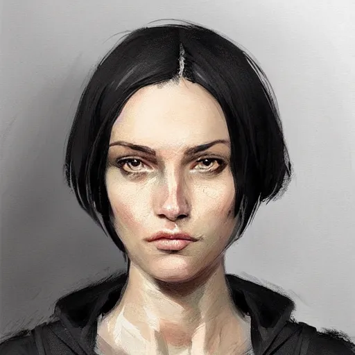 Prompt: Portrait of a woman by Greg Rutkowski, she is about 20 years old, round face, mixture between german and russian, black bob hair, attractive, determined but resentful look, she is wearing futuristic military fatigues with a black scarf, highly detailed portrait, scifi, digital painting, artstation, concept art, smooth, sharp foccus ilustration, Artstation HQ.