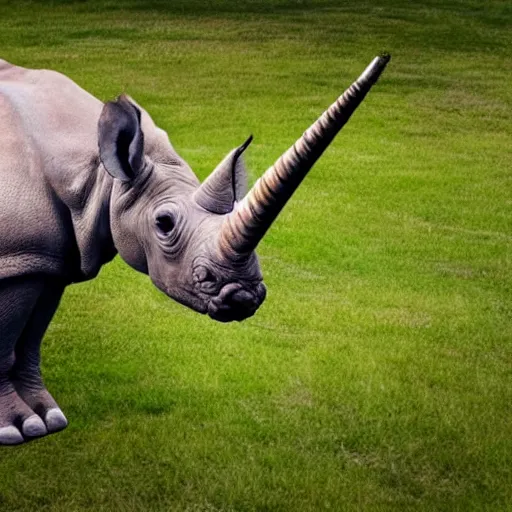 Prompt: photo of a bipedal creature with a rhino face and long tail and unicorn horn