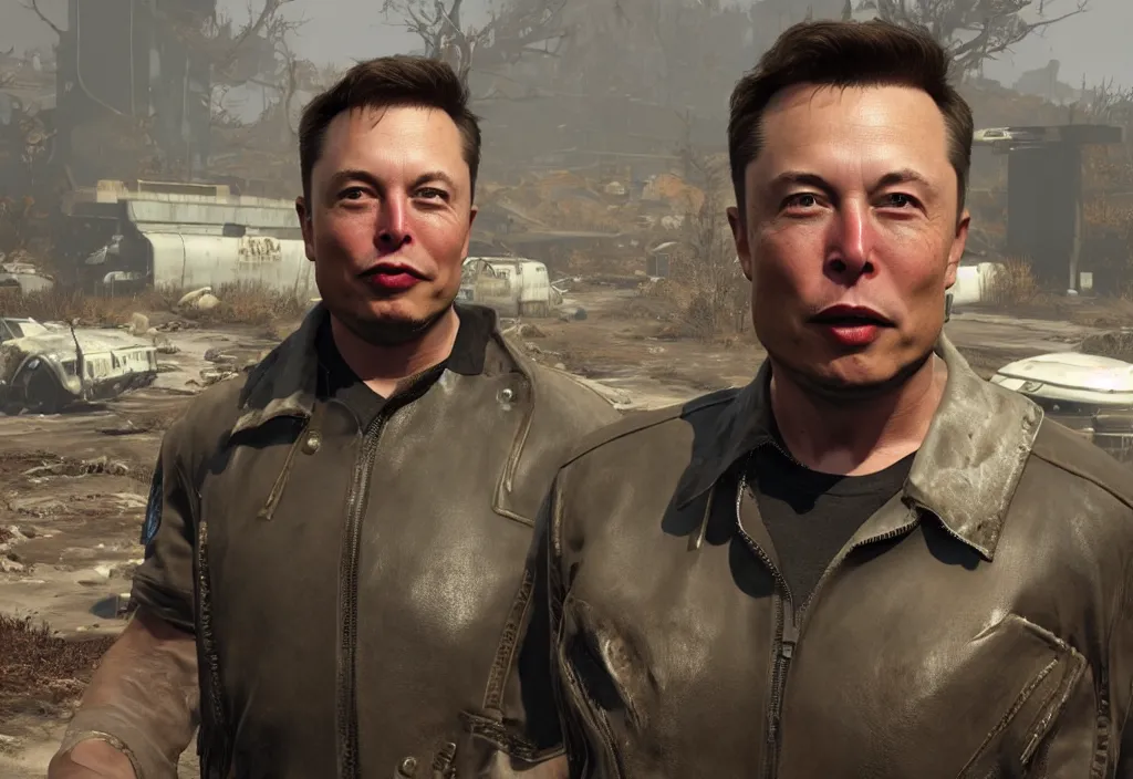 Image similar to elon musk in the video game in fallout 4, apocalyptic wastland, close up, 3 d rendering. unreal engine. amazing likeness. very detailed.