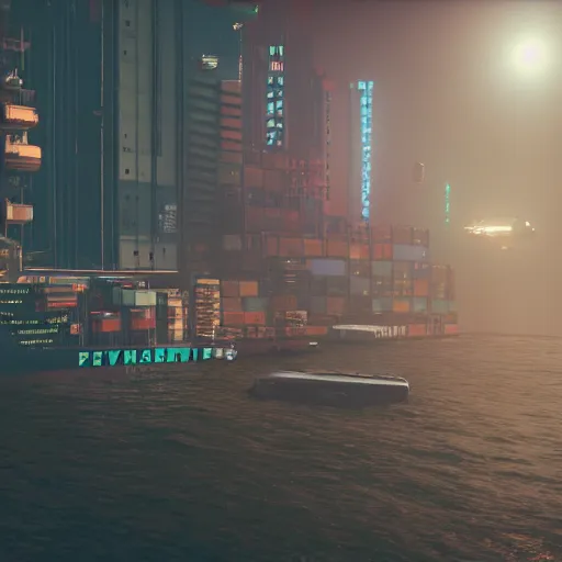 Image similar to an anti-gravity (futuristic container vessel) hovering at port in Night City Cyberpunk 2077, muted cyberpunk style, tranquil, steady, atmospheric, sweltering, autochrome, 8k, reflections, octane render, unreal engine 5