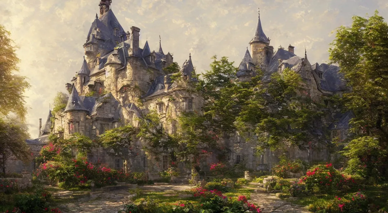 Prompt: a landscape painting of a French castle, with a garden, by greg rutkowski and thomas kinkade