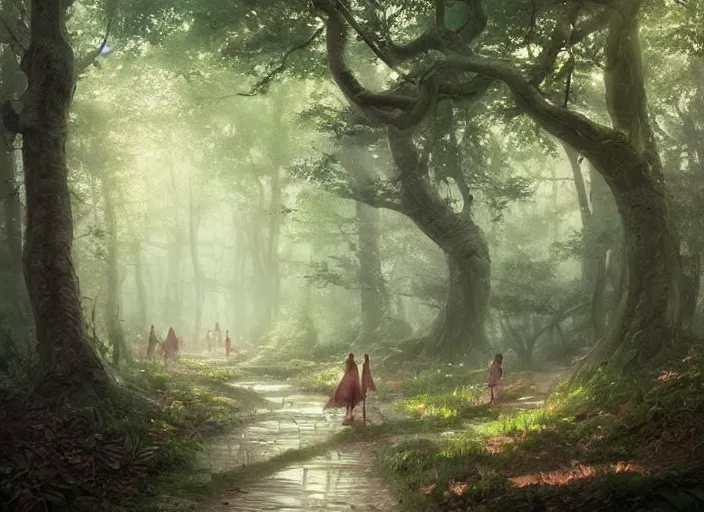 Prompt: A beautiful pathway in a forest with fairies, lush trees, a fantasy digital painting by Greg Rutkowski and James Gurney, trending on Artstation, highly detailed