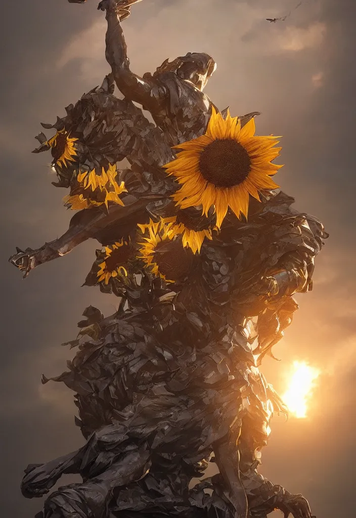 Image similar to sunflower statue by greg rutkowski, sung choi, mitchell mohrhauser, maciej kuciara, johnson ting, maxim verehin, peter konig, 8 k photorealistic, cinematic lighting, hd, high details, dramatic, atmosphereric, trending on artstation