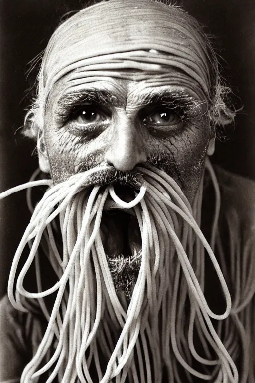 Image similar to extremely detailed portrait of old italian cook, spaghetti mustache, slurping spaghetti, spaghetti in the nostrils, spaghetti hair, spaghetti beard, huge surprised eyes, shocked expression, scarf made from spaghetti, full frame, award winning photo by james van der zee