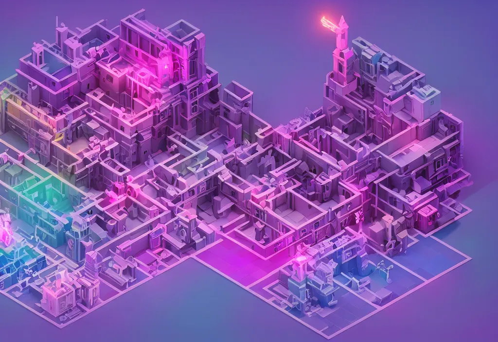 Prompt: isometric magicavoxel Bloodborne pink purple blue red yellow cinematic lighting, 4k