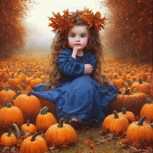 Image similar to a cute little girl with light brown wavy curly hair and blue eyes sitting amidst piles of pumpkins. beautiful cute highly detailed face. she is wearing a crown of autumn leaves. autumn and fall and halloween themed painting by artgerm and greg rutkowski and bouguereau.