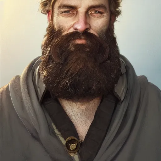 Image similar to A Portrait of Richard Wikström, a bearded man in his late 30's, living in Luleå and Boden. Detailed digital art, portrait, D&D, fantasy, highly detailed, digital painting, artstation, concept art, sharp focus, illustration, art by artgerm and greg rutkowski and alphonse mucha