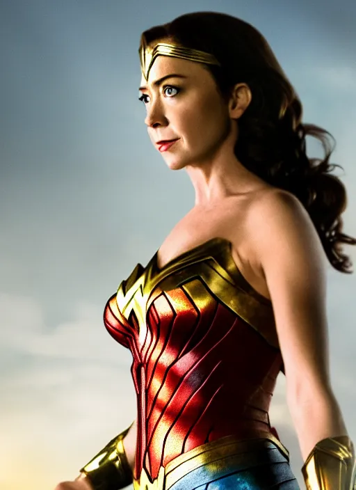 Image similar to Alyson Hannigan as Wonder Woman, movie Still, 4k, cinematic lighting, golden hour,