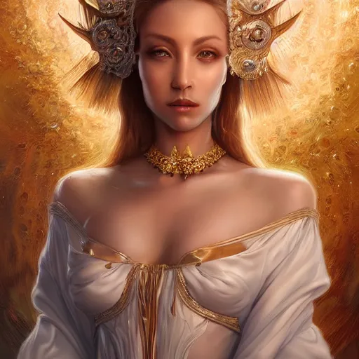 Image similar to a beautiful woman wearing a white dress made of silk with golden ornaments and diamonds jewelry by alex gray and android jones , Karol Bak, Ayami Kojima, Amano , concept art, character design, fantasy,3D, 8k resolution