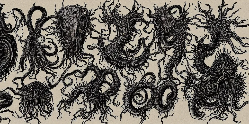 Image similar to detailing reference sheet of lovecraftian unnamed creatures in the style of copper plate etching by biologist