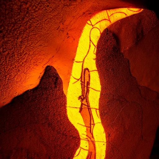 Image similar to paleolithic cave painting, illuminated by fire