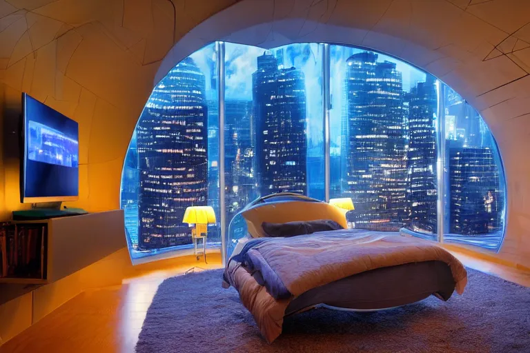 Image similar to a futuristic bedroom with large curved ceiling high windows looking out to a far future cyberpunk cityscape, cyberpunk neon lights, raining, scifi