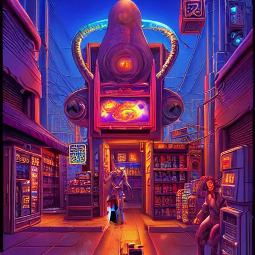 Prompt: fantasycore, eldritch, psychic, masterpiece, 8k resolution, scrollwork, magic conduits, zBrush, cel-shaded, convenience store, art by greg hildebrandt, composition by 2099 neo-tokyo