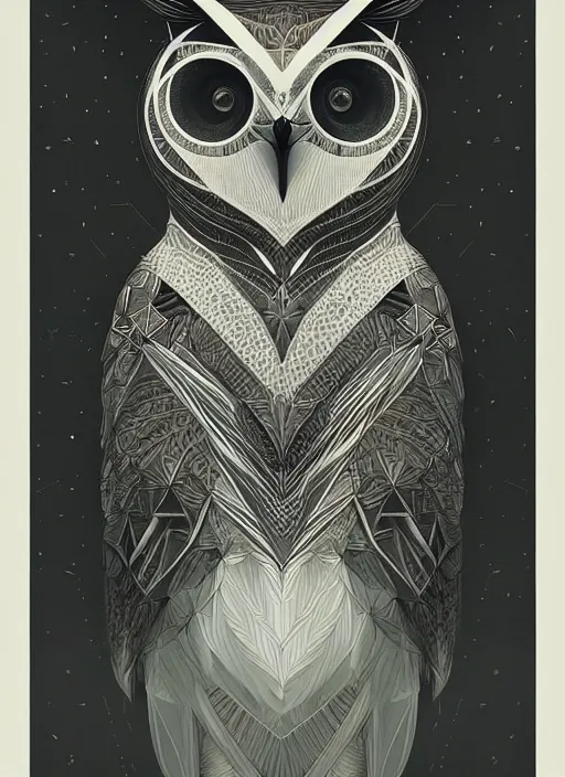 Image similar to portrait of a geometric owl, identical eyes, medium shot, illustration, full body made of white feathers, symmetrical, art stand, super detailed, cinematic lighting, and its detailed and intricate, gorgeous, by peter mohrbacher