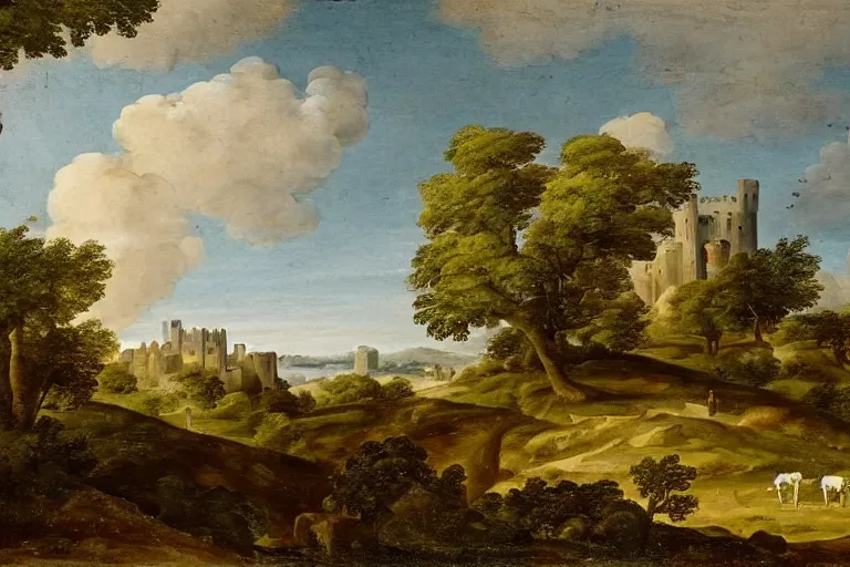 Image similar to pastoral landscape with ruined castle in the background by claud lorrain, french 1 6 0 0 - 1 6 8 2