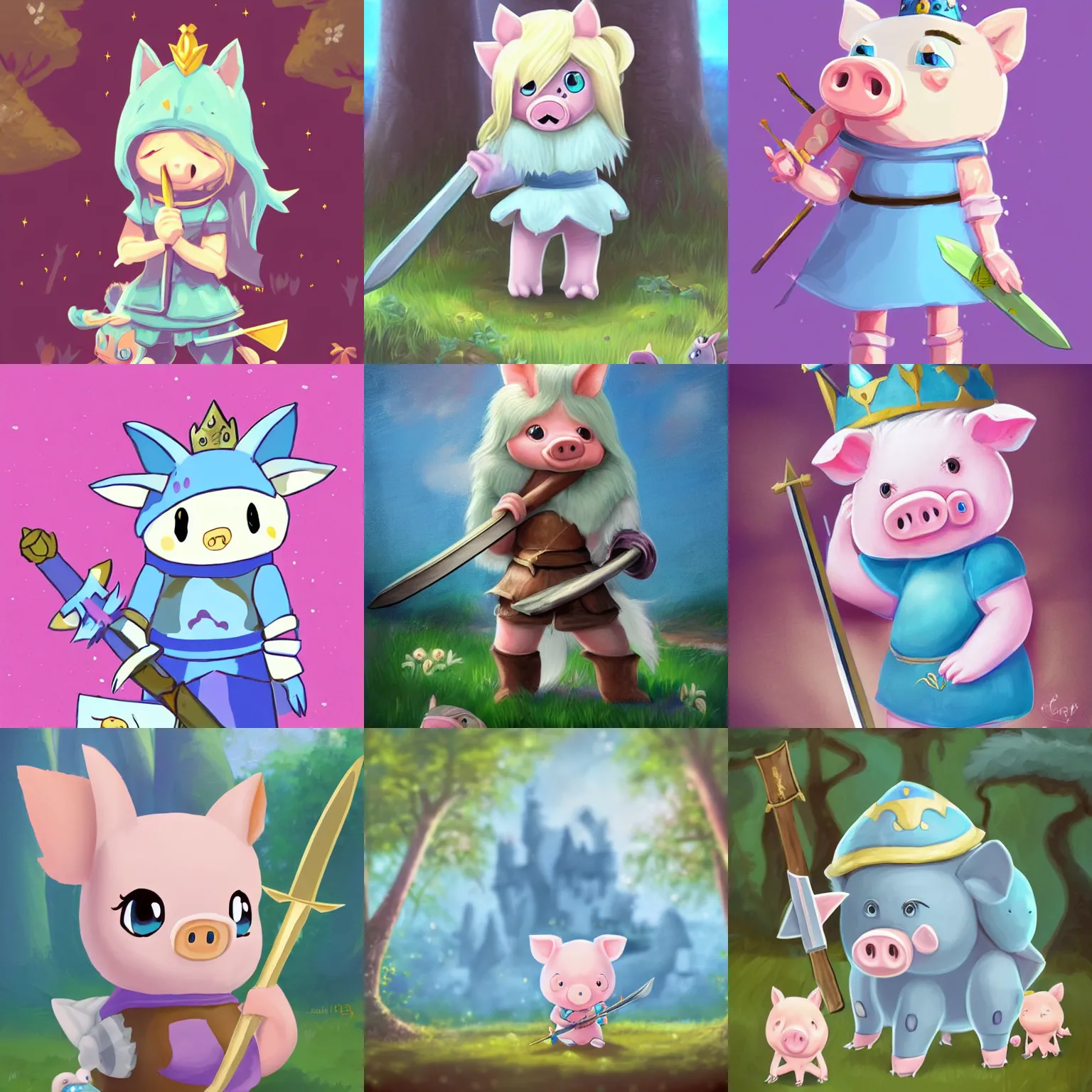 Prompt: very cute and adorable anthro little piggy knight princess portrait, holding a sword, adorable blue eyes, piglet, fantasy forest landscape, lake, summer, pale blue outfit, cute forest creature, fluffy, pastel colors, Adventure Time, Dreamworks, Behance, Pokemon, Artstation, trending on artstation, peach and goma style, milk and mocha style, art of silverfox, Yee Chong Silverfox, Sydney Hanson, Sofya Emelenko, Elina Karimova